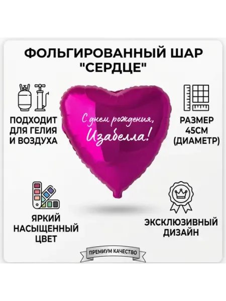 Шар сердце с индивидуальной надписью день рождения Изабелла Shariki Tut