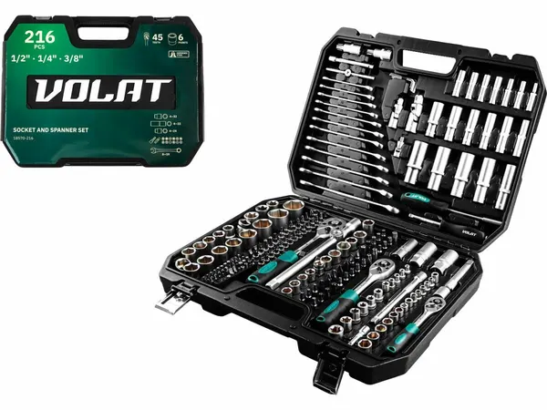 Набор инструментов для автомобиля ROCKFORCE 216пр. 1/2", 1/4", 3/8" DR, 6 граней, с телескопическими трещотками