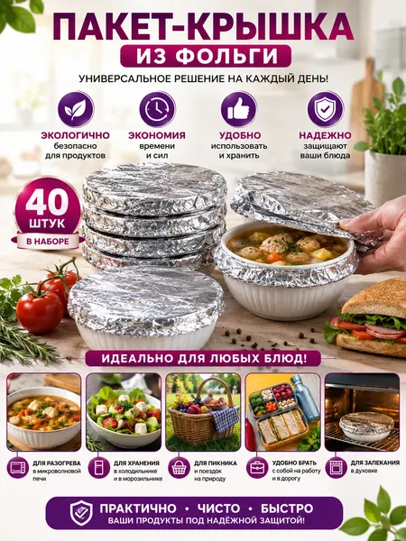 Крышки-пакеты "На резинке", фольгированные, многоразовые, 40 штук