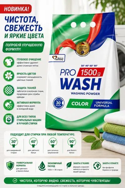 Стиральный порошок PRO WASH "Color", для цветных тканей, для разных типов стирки, 1.5 кг