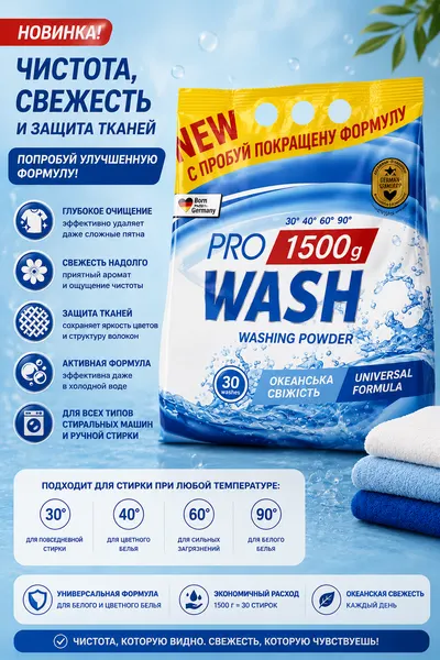 Название товара: Стиральный порошок PRO WASH "Океанская свежесть", 1.5 кг