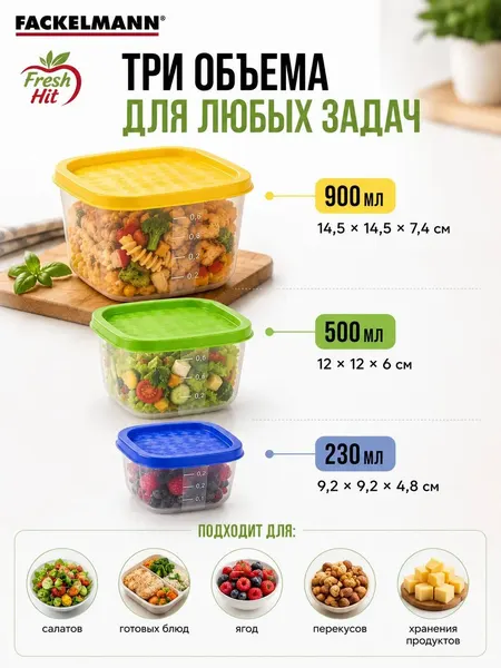 Контейнер пищевой с крышкой FACKELMANN, набор 3 штуки, объем 900 мл, 500 мл, 230 мл, хранение, разогрев в СВЧ, заморозка