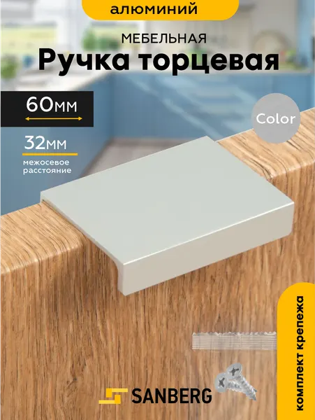 Ручка мебельная торцевая накладная `SANBERG` 5301, L=60 мм, м/о 32 мм, металлик