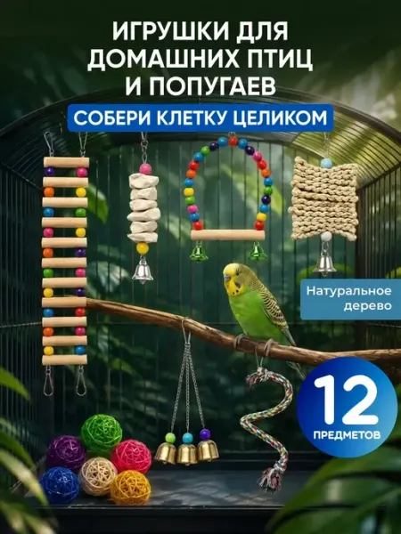 Набор игрушек для попугая волнистого в клетку кореллы 12 шт Big Jungle