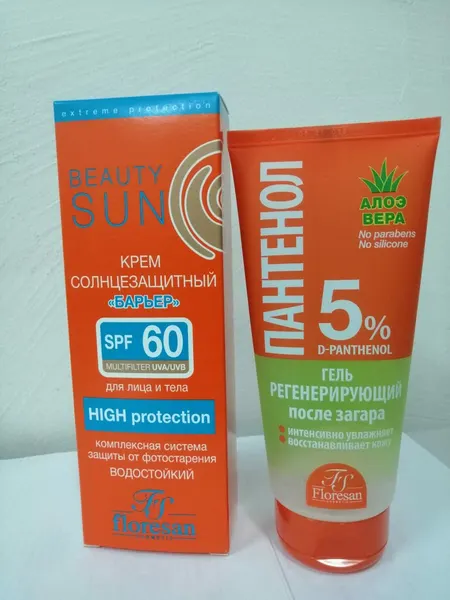 Набор солнцезащитной косметики, Флоресан, водостойкий крем-блок от загара SPF 60 100 мл+Гель регенерирующий после солнца Пантенол Алоэ Вера 150мл