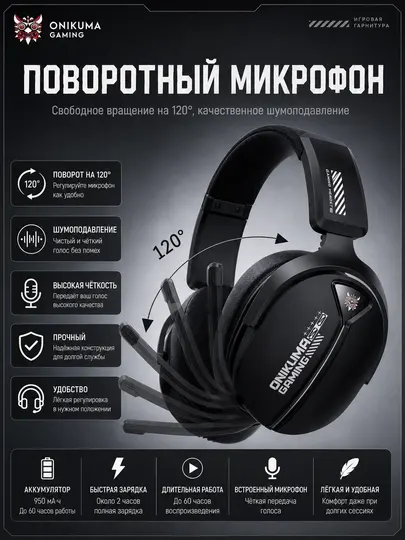 Игровая беспроводная гарнитура ONIKUMA GT887 RGB, Bluetooth 5.4 / 2.4 ГГц / 3.5 мм, 50 мм - Игровые наушники