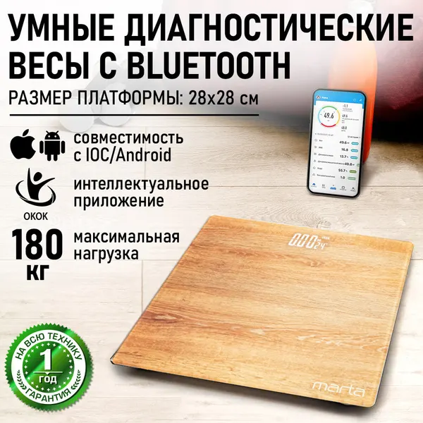 Умные весы MARTA MT-SC3604, синхронизация со смартфоном, определение жира и мышц