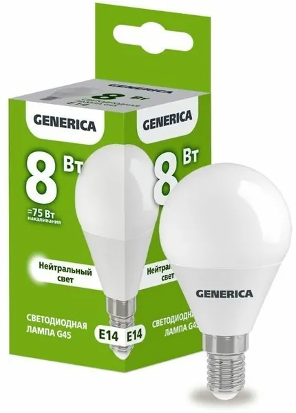 Лампа светодиодная G45 8Вт шар 4000К E14 230В GENERICA LL-G45-08-230-40-E14-G