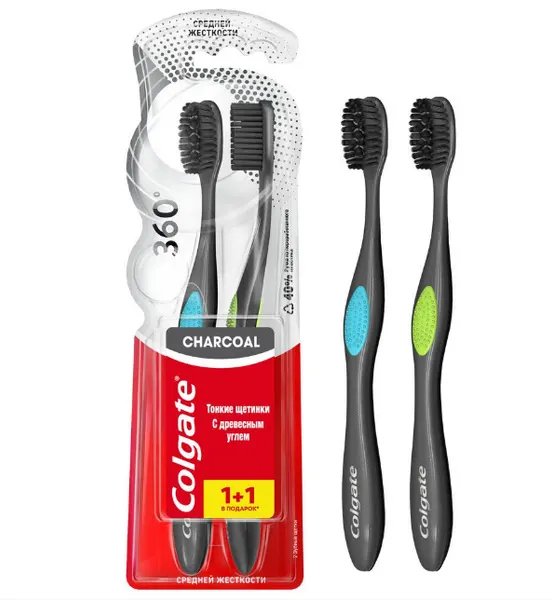Зубная щетка Colgate 360 с древесным углем средней жесткости, 2 шт