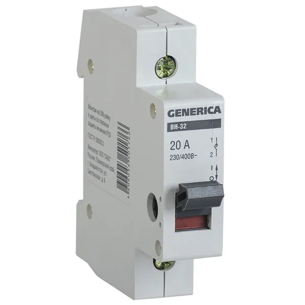 Выключатель нагрузки Generica ВН-32 1Р 20А, 400В, IP20, монтаж на DIN-рейку, электромагнитный расцепитель