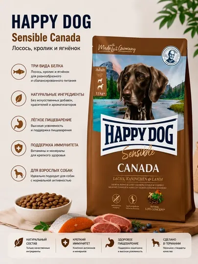 Сухой корм для собак Happy Dog Sensible Canada с лососем, кроликом и ягненком, 11 кг