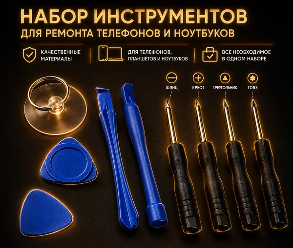 Набор инструментов (9 в 1) для ремонта мобильных телефонов и ноутбуков iPhone, iPad, Huawei, Xiaomi, Samsung