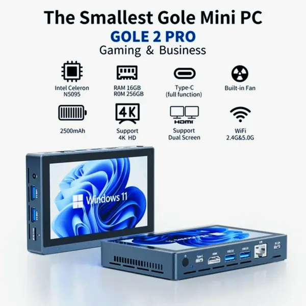 Higole Мини-ПК Gole 2 PRO (Intel Celeron N5095, RAM 16 ГБ, SSD 256 ГБ, Intel UHD Graphics, Windows 11 Pro), темно-серый