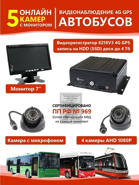 Комплект 5 камеры видеонаблюдения в автобус и общественный транспорт c 4G GPS онлайн мониторингом