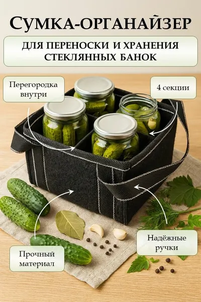 Сумка-органайзер для стеклянных банок. С ручками для переноски. Вместимость: 4 банки по 0,5-1,5 л. Выдерживает до 28 кг.