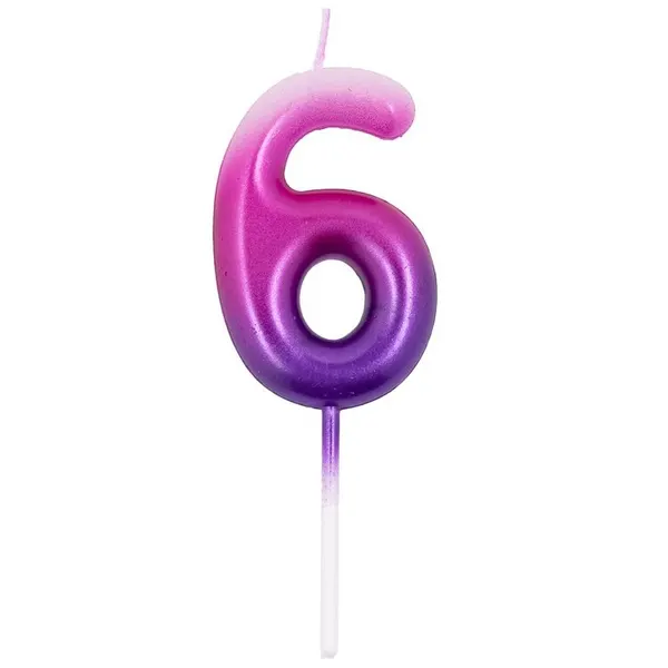 Свеча -цифра "6" Омбре розовый/фиолетовый, 6 см