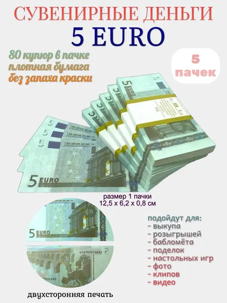 Деньги сувенирные Филькина Грамота, 5 евро, 5 пачек, 80 штук в пачке