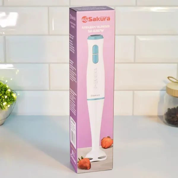 Блендер погружной sakura SA-6267W 600Вт, 2 скорости, пластикова насадка, белый/синий, быстрое смешивание ягод