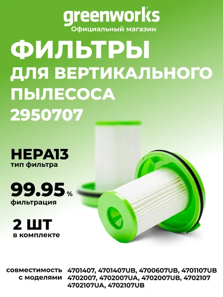 HEPA-фильтр Greenworks 4700607UB/4701107UB для пылесосов, моющийся, 2 шт