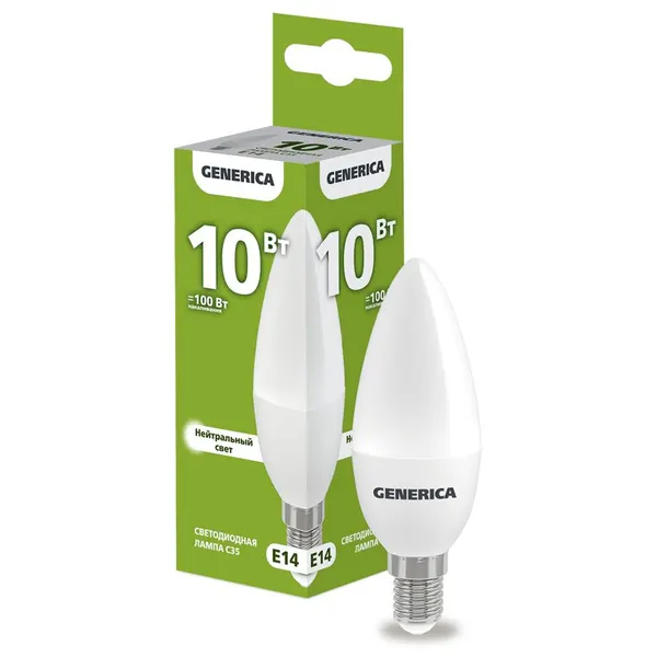 Лампочка Generica C35 E14 10Вт 230В, 4000К дневной белый, 1000лм, матовая свеча, A+, срок службы 15000ч