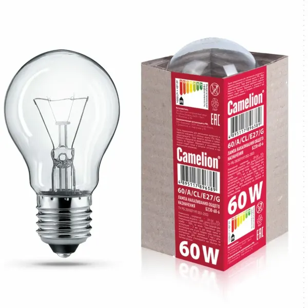 Лампа накаливания Camelion 60/A/CL/E27/G (с прозрачной колбой, ЛОН, гофра, Б230-60-6) 15042