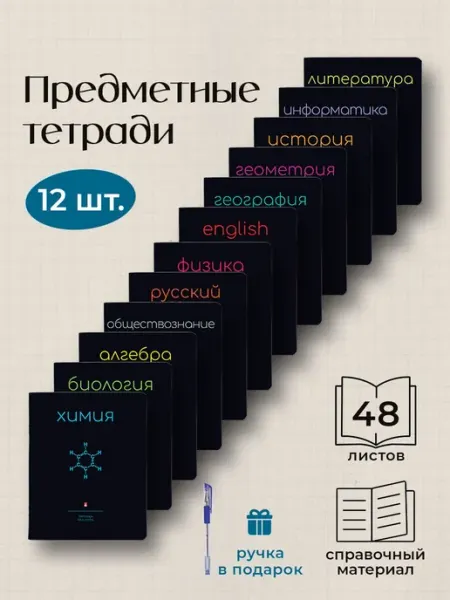 Предметные тетради набор 48 листов 12 шт Simple Black BRUNO VISCONTI
