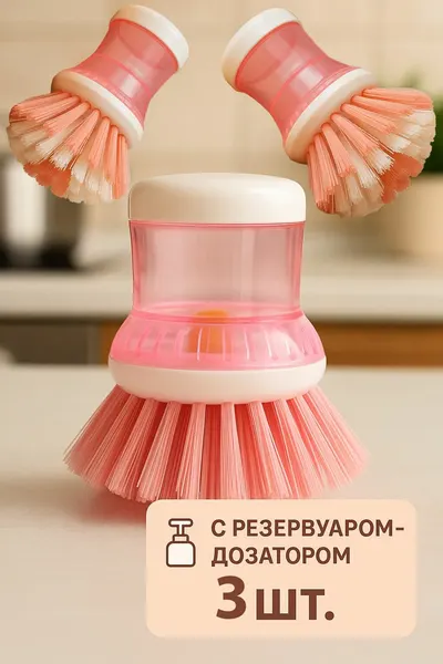 Щетка для мытья посуды, с дозатором, пластик/щетина, комплект из 3 штук