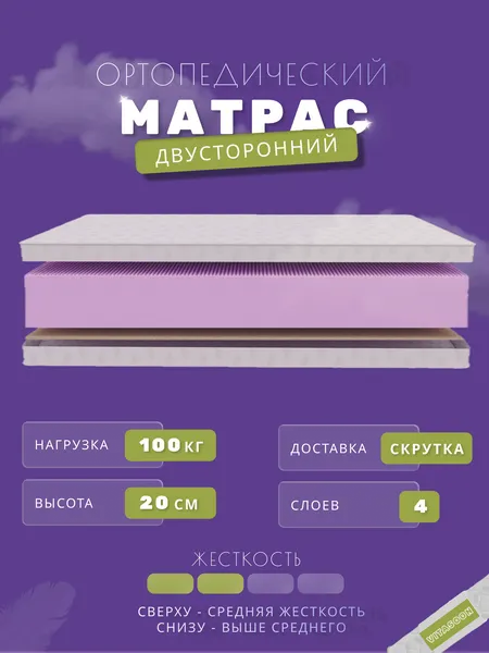 Матрас 120х180 ортопедический, высота 20 см VitaSoon ComfortRoll 20 Ck с кокосом в рулоне полутороспальный