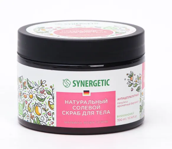 Натуральный солевой скраб для тела Synergetic, антицеллюлитный, пачули и ароматный бергамот, 300 мл