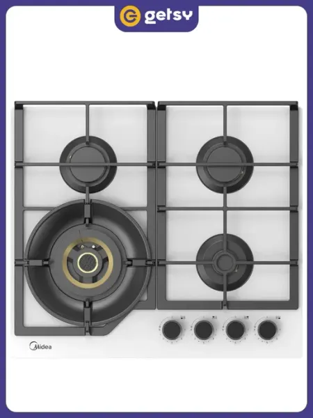 Варочная панель Midea MG697VGW, газовая, закаленное стекло, WOK, 4 конфорки, газ-контроль, белая