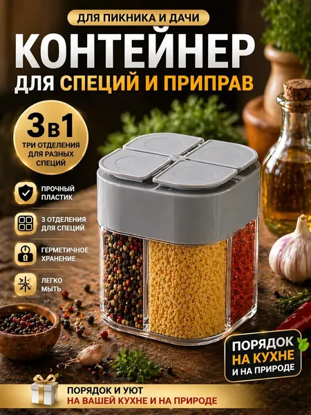 Контейнер для специй "Pademon", ABS-пластик, 4 отделения, серый