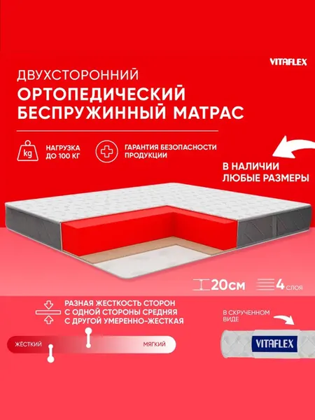 Матрас ортопедический 120х190 Vitaflex Anatomic 19V Sk беспружинный, ППУ, разная жесткость, с кокосом, в рулоне