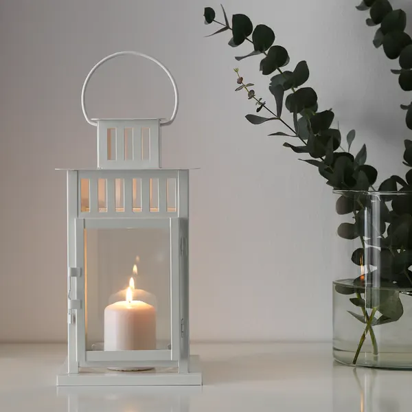Фонарь-подсвечник для свечи IKEA BORRBY икеа боррбю, белый, нержавеющая сталь, стекло, 28 см