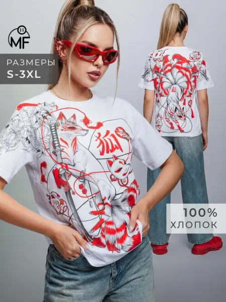 Футболка женская с принтом с японским принтом Кицунэ MF