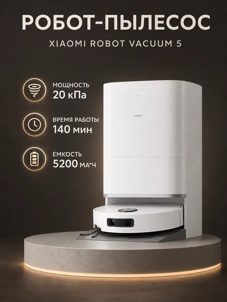 Робот-пылесос Xiaomi Robot Vacuum 5, сухая и влажная уборка, 20 кПа, белый