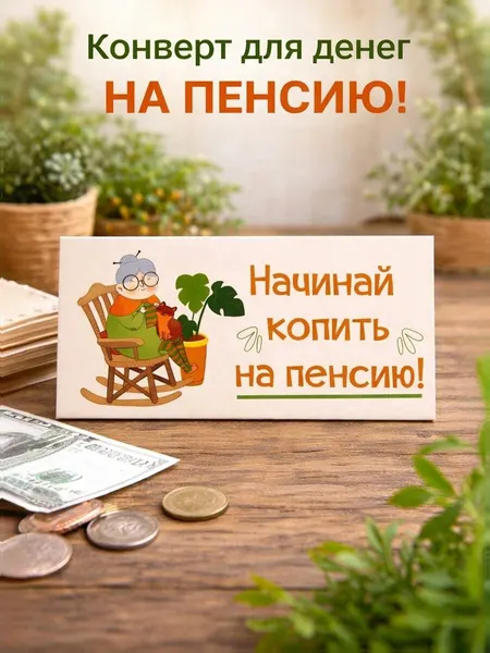 Конверт для денег "На пенсию", подарочный конверт 16,5х8 см, открытка для купюр, подарок на выход на пенсию