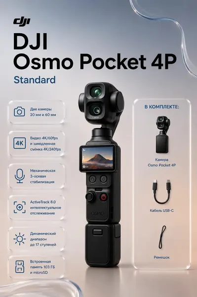 Экшн-Камера DJI Osmo Pocket Vlog 4P, 4K, 100-кратный зум, механическая стабилизация, черный