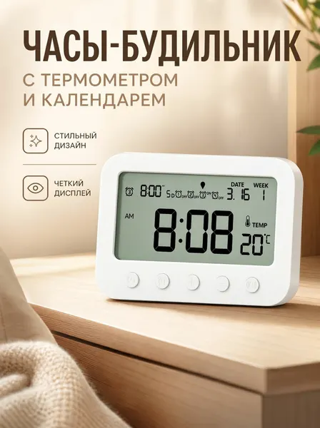 Электронные настольные часы-будильник Hoco HX44 с термометром и календарем (LED-экран, Черные/Белые)
