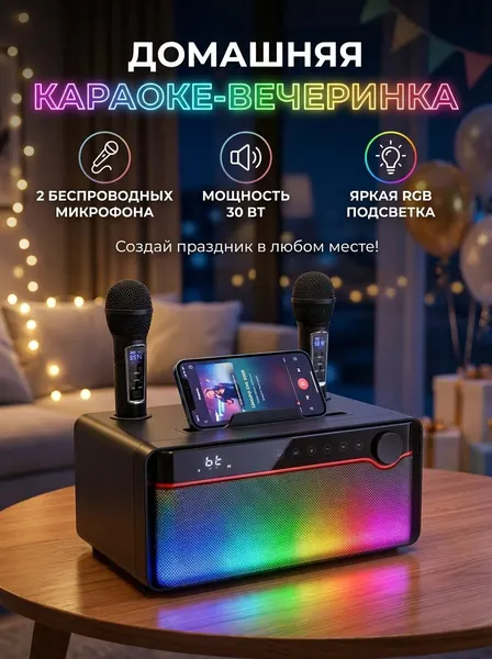 Караоке система деревянная для дома с двумя микрофонами SORDA SD-328 30 ватт, Bluetooth, AUX, USB, Черный