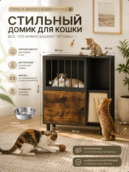 Домик для кошек с хранением и 2 мисками