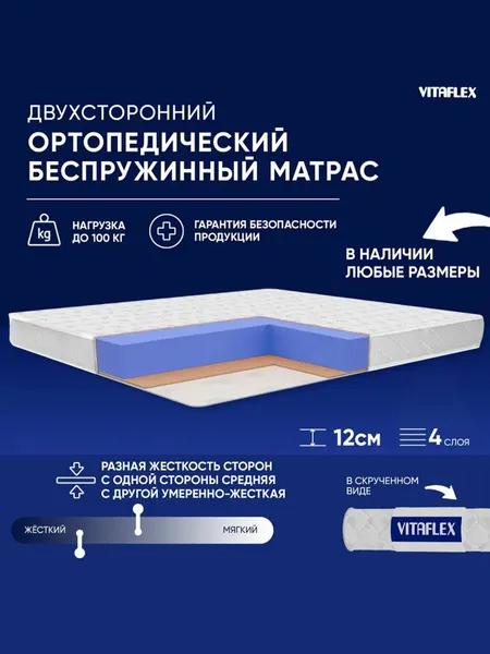 Матрас ортопедический 100х170 Vitaflex Medicine 11V Sk, беспружинный , ППУ, с кокосом, разная жесткость, в рулоне