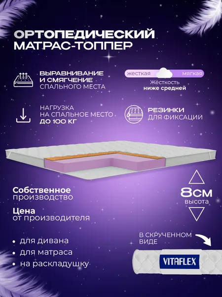 Топпер матрас 110х180 Vitaflex Anatomic V 7x4Sk 2 канта ортопедический, с кокосом, на матрас, на диван, в рулоне