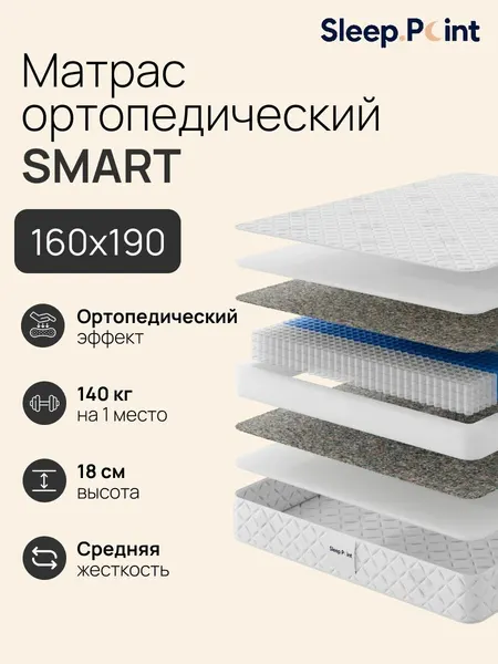 Sleep.Point Матрас 160х190 SMART, ортопедический, пружинный, двуспальный
