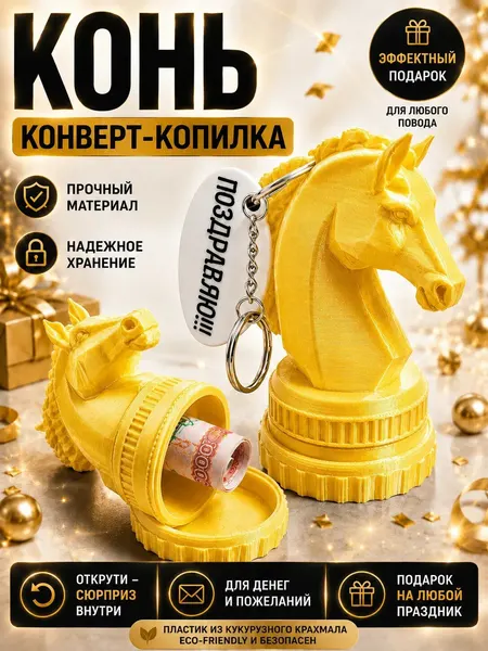 Конь копилка для денег золото