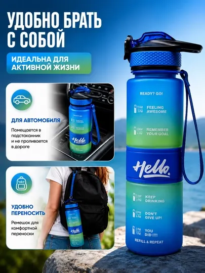 Бутылка для воды 1 л с мотивацией и отметками времени, спортивная, с ремешком - Спортивные бутылки и шейкеры
