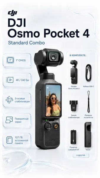 Экшн-камера DJI Osmo Pocket 4 Стандартное издание, 4K, 240 fps Встроенная память 107 ГБ