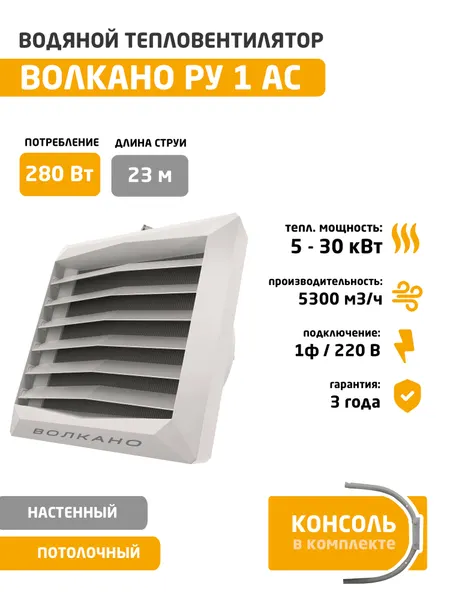 Тепловентилятор водяной волкано РУ1 АС (5-30 кВт) с монтажной консолью