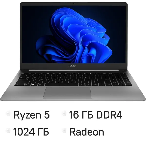 15.6" Ноутбук Tecno MegaBook K15SDA, IPS 1920x1080, AMD Ryzen 5 7430U 2.3ГГц, 16Гб, 1Тб SSD, Windows 11 Home, серый