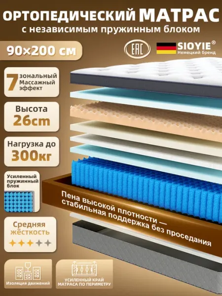 Матрас 90х200 пружинный ортопедический на кровать SIOYIE