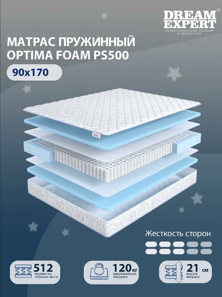 Матрас, Ортопедический матрас DreamExpert Optima Foam PS500 средней жесткости, односпальный, независимый пружинный блок, на кровать 90x170